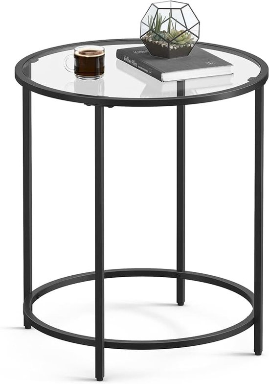 Ronde bijzettafel, kleine salontafel, gehard glazen eindtafel met stalen frame, nachtkastje, woonkamer, balkon, zwart LGT020B01