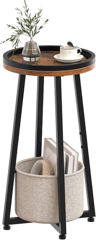 Ronde bijzettafel met 2 lagen, klein nachtkastje, salontafel, salontafel met opstaande rand en beige stoffen mand, voor kleine ruimtes, woonkamer, slaapzaal, rustiek bruin EBF183BZ01