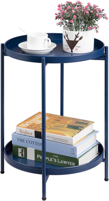 Ronde Bijzettafel Metalen Bijzettafel met 2 Lagen, Snacktafel Salontafel Nachtkastje Banktafel Geschikt voor Woonkamer Slaapkamer Balkon of Terras, Donkerblauw | 2 Tier Tray Woonkamer Slaapkamer Balkon Patio Indoor Outdoor Donkerblauw