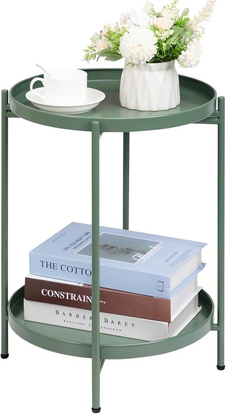 Ronde Bijzettafel Metalen Bijzettafel met 2 Lagen, Snacktafel Salontafel Nachtkastje Banktafel Geschikt voor Woonkamer Slaapkamer Balkon of Terras, Grasgroen