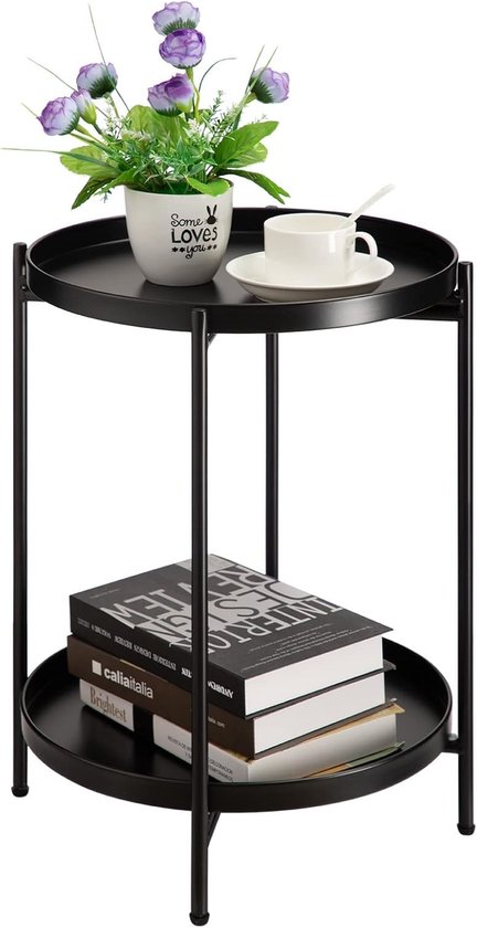 Ronde Bijzettafel Metalen Bijzettafel met 2 Lagen, Snacktafel Salontafel Nachtkastje Banktafel Geschikt voor Woonkamer Slaapkamer Balkon of Terras, Zwart | Banktafel, nachtkastje, 2 niveaus, bijzettafel voor woonkamer, slaapkamer, terras, outdoor