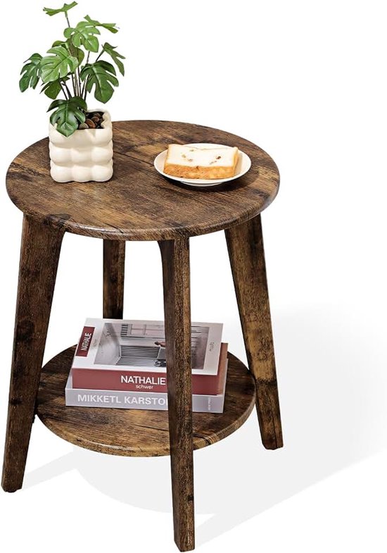 Ronde bijzettafel van hout met onderste plank, modern nachtkastje, nachtkastjes voor kleine ruimtes, woonkamer, slaapkamer, retrobruin
