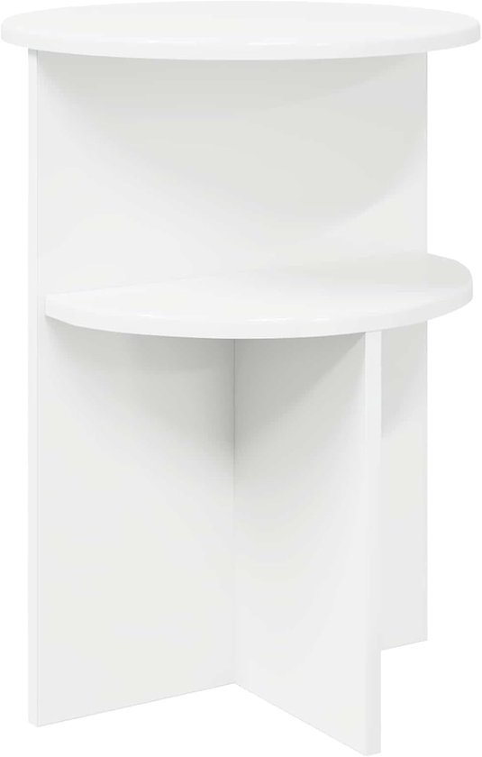 Ronde bijzettafel wit van houtmateriaal, Ø 39,5 x 55 cm, met legplank voor woonkamer of slaapkamer, minimalistisch design, onderhoudsvriendelijk glad oppervlak,