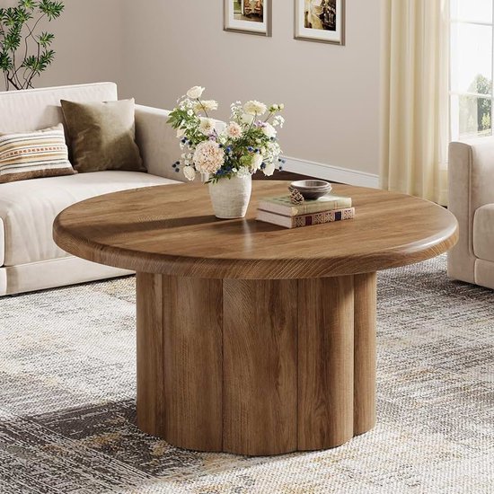 Ronde houten salontafel van 80 cm - Moderne houten centrale tafel - Bijzettafel voor woonkamer, thuiskantoor, bruin