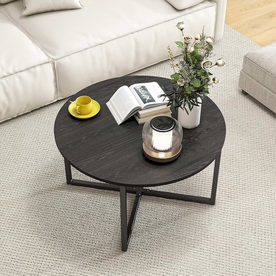Ronde koffietafel, theetafel, salontafel voor woonkamer, met metalen poten, cocktailtafel met houteffect, eenvoudig te monteren, zwart