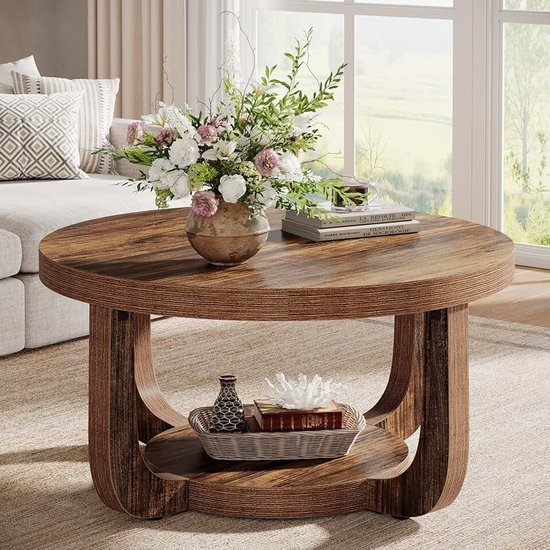 Ronde salontafel, 2-traps ronde salontafel met opbergruimte, 80 cm, moderne accenttafel van hout voor de woonkamer, dik tafelblad en basis, rustiek bruin