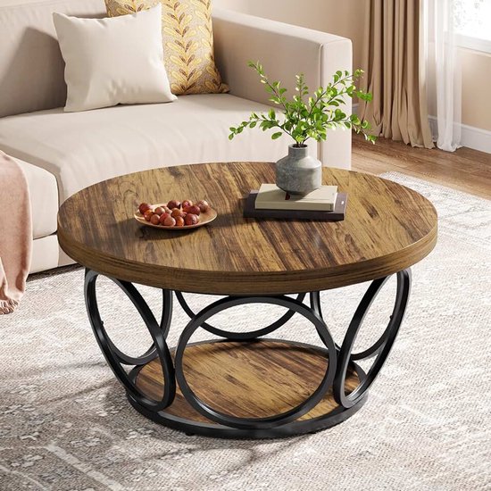 Ronde salontafel, 80 cm ronde houten tafel, boerderij grote ronde woonkamertafel met 2-niveau opslag, moderne eenvoudige bruine theetafel (rustiek bruin)