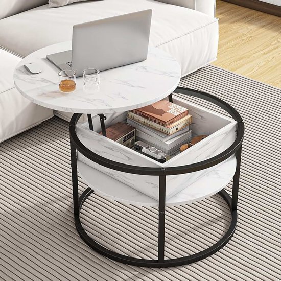 Ronde salontafel, in hoogte verstelbaar, woonkamertafel met verborgen opbergruimte, met hefplaat, salontafel, banktafel, koffietafel, rond hout (wit)