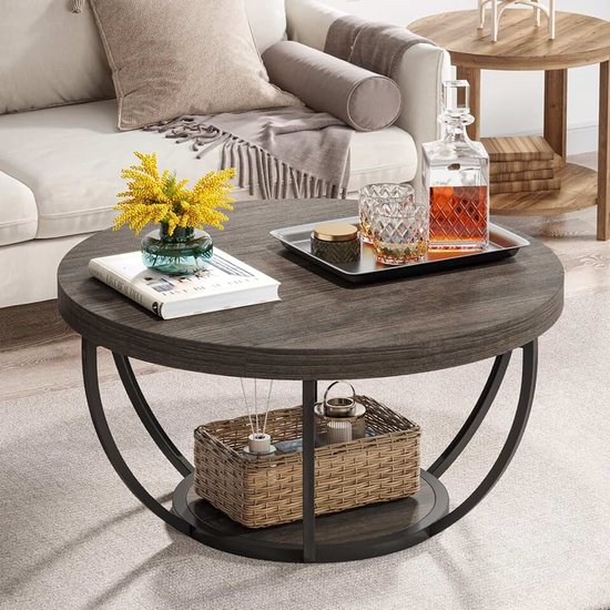 Ronde salontafel, industriële 2-laagse ronde salontafel met opbergplanken, moderne houten accent, middentafel, bank, bijzettafel voor woonkamer, thuiskantoor