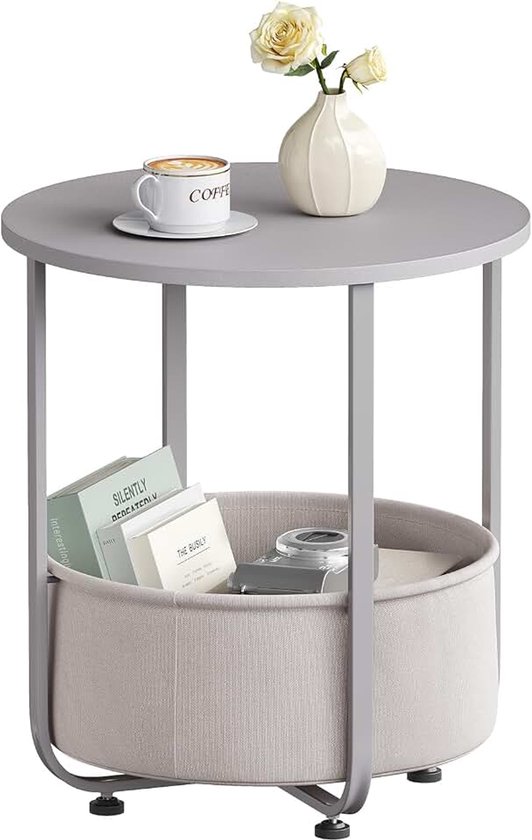 Ronde salontafel met afneembare stoffen mand, metalen frame, voor bank, woonkamer, slaapkamer, grijs