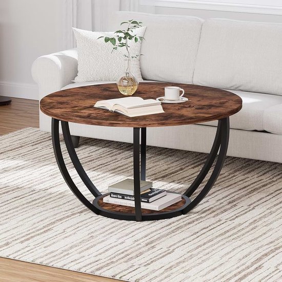 Ronde salontafel met opbergruimte, 2-laags salontafel voor woonkamer en thuiskantoor, bruin