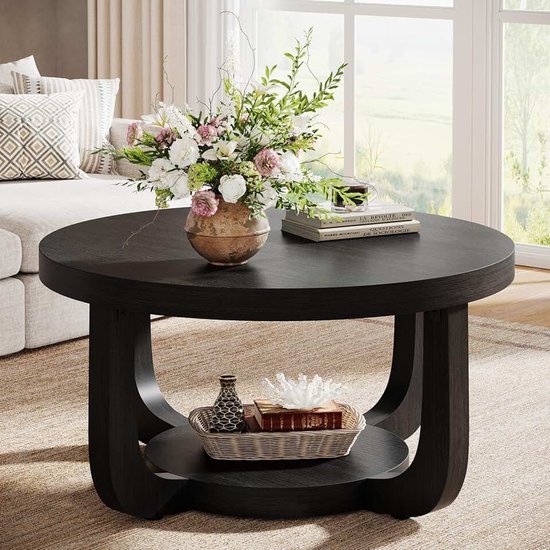 Ronde salontafel met twee verdiepingen met opbergruimte, moderne houten bijzettafel voor de woonkamer, dik tafelblad en frame, zwart