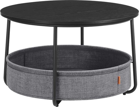 Ronde salontafel, tafel met opbergruimte, bijzettafel, woonkamertafel met stoffen mand, modern, metalen frame, inktzwart-leigrijs LCT244B56