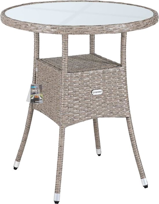 Ronde Tuintafel Polyrattan Glas 60x74cm Weerbestendig Klein 80kg Outdoor Terras Balkon Bijzettafel Beige