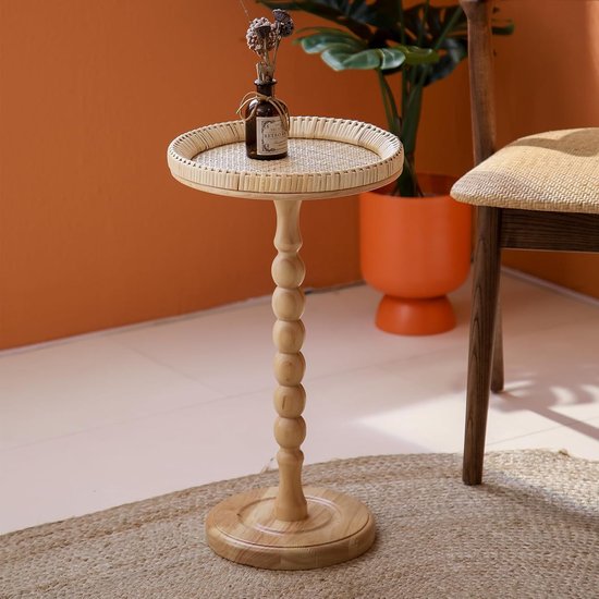 Rotan ronde kleine bijzettafel voor kleine ruimtes, Boho Circle bijzettafel salontafel met massief houten poot voor woonkamer, voetstuk tafel voor slaapkamer, hoeken