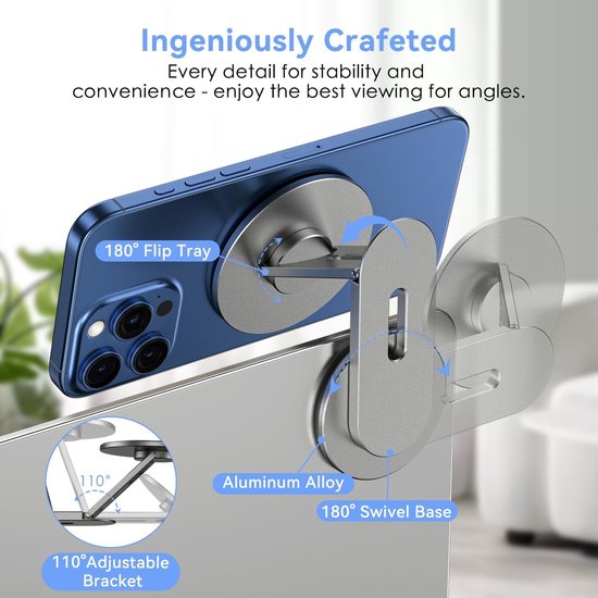 Rotatable 3D Phone Holder voor Laptop en Telefoon, Verstelbare Magnetische Steun, Compatibel met iPhone Mag Safe en Alle Mobiele Telefoons, Ideaal voor Tesla Accessoires
