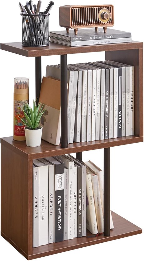 S-vormige bijzettafel, 3-laags bijzettafel met open opbergplanken, antislip voeten, nachtkastje in moderne stijl, smalle bijzettafel voor kleine ruimte woonkamer slaapkamer licht walnoot