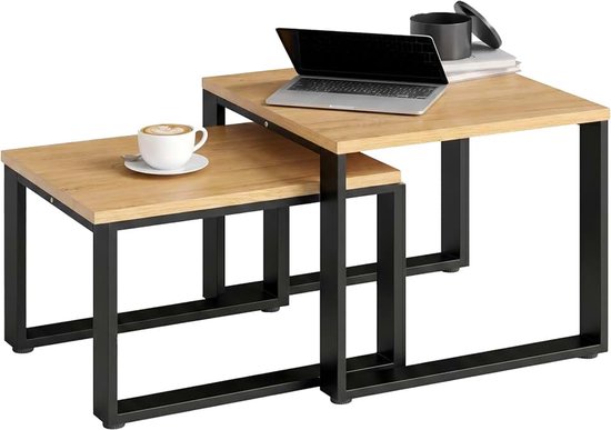 Salontafel 2-delige Set met Metalen Frame, Bijzettafel voor Woonkamer, Slaapkamer, Balkon, Natuurhout