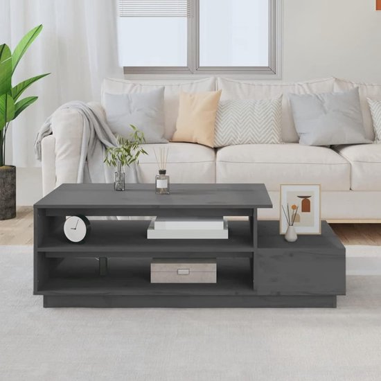 Salontafel, bijzettafel, veelzijdige salontafel met opslag, woonkamertafel met 2 open vakken en een lade van massief grenenhout, grijs, 120 x 50 x 40,5 cm
