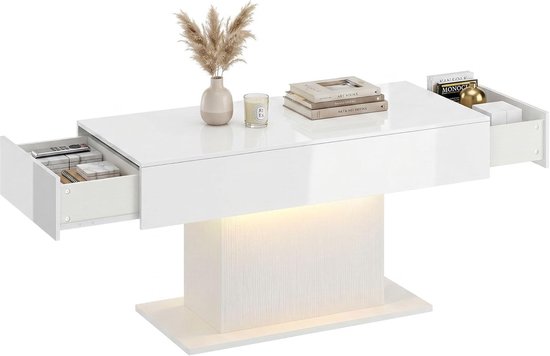 Salontafel hoogglans met LED-verlichting 108 x 48 x 55 cm wit | Woonkamertafel, moderne salontafel, 2 laden, afstandsbediening, bijzettafel, salontafel, woonkamer, slaapkamer