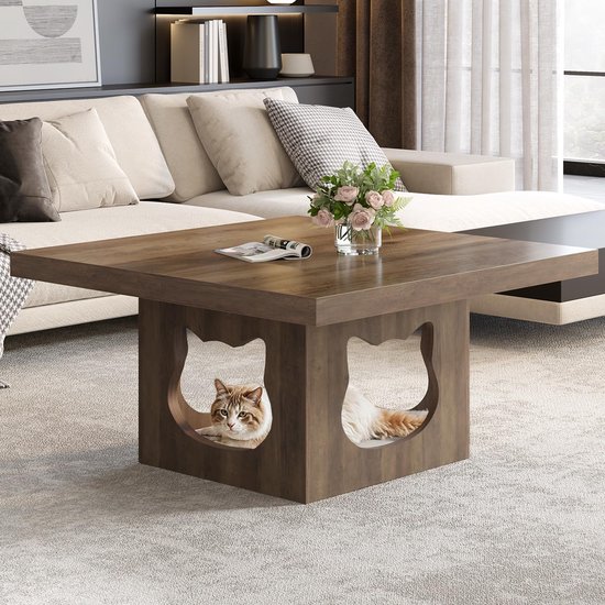 Salontafel, hout, woonkamertafel, salontafel, bijzettafel, salontafel met kattenhuiskussen, industriële vierkante tafel, rustiek eiken, 90 cm