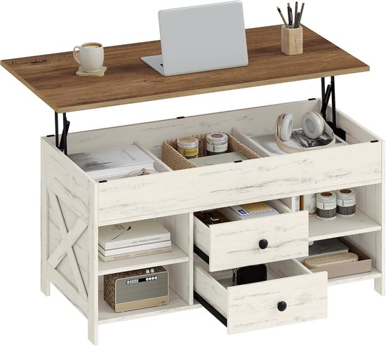 Salontafel, in hoogte verstelbaar, 50 x 100 x 47-61 cm, wit-bruin
