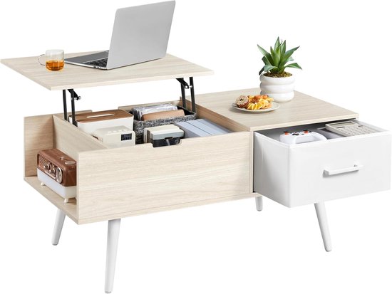 Salontafel in hoogte verstelbaar, bijzettafel met opbergruimte en open vakken, woonkamertafel met gedeeld tafelblad, lifttop, koffietafel voor woonkamer/eetkamer, lichte houtkleur
