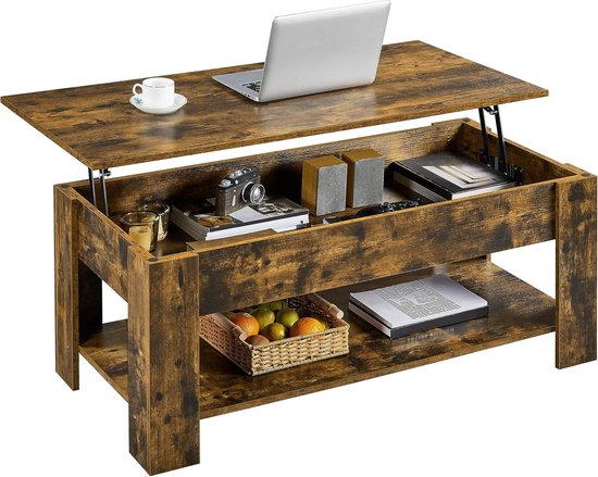 Salontafel in hoogte verstelbare koffietafel met verborgen opbergruimte en verstelbare plank, salontafel, woonkamertafel van hout, bijzettafel voor woonkamer/kantoor, roestbruin