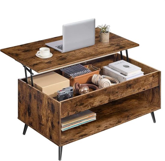 Salontafel, in hoogte verstelbare woonkamertafel, koffietafel, gascilinder, verborgen vak, open vak, voor woonkamer, thuiskantoor, vintabruin-mat zwart, LCT267KD01