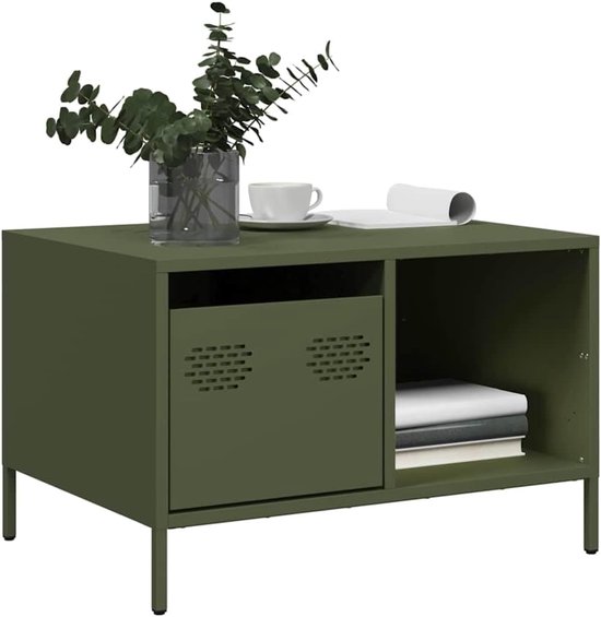 Salontafel in industriële stijl, olijfgroen, 68,5 x 50 x 43,5 cm, met opbergruimte en verstelbare poten van koudgewalst staal, robuuste opbergtafel en bijzettafel voor de woonkamer