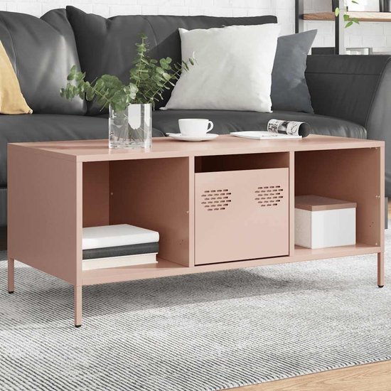 Salontafel in industriële stijl, roze, 101,5 x 50 x 43,5 cm, van koudgewalst staal, met opbergruimte en verstelbare poten, voor woonkamer en slaapkamer, robuuste bijzettafel