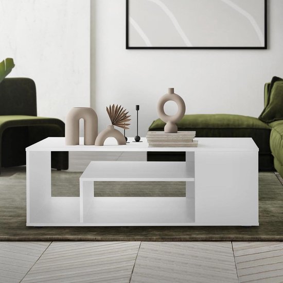 Salontafel in wit 110 x 50 x 41 cm, Ruime salontafel met 4 planken op 3 niveaus, Moderne sofatafel met veel opbergruimte, Houten bijzettafel, Salontafel Houten tafel