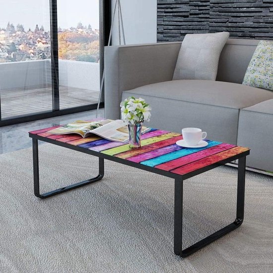 Salontafel, koffietafel, woonkamertafel, bijzettafel met regenboogdruk, glazen tafelblad & ijzeren onderstel, 90 x 45 x 32 cm