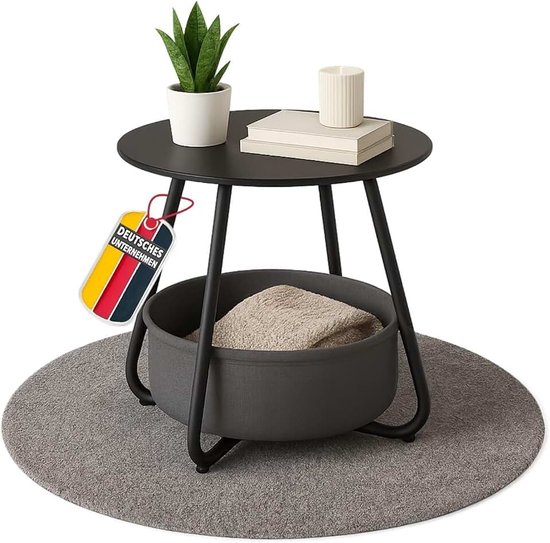 Salontafel KOSI van metaal Ø45x45cm met opbergmand, zwart | Bijzettafel rond met legplank, woonkamertafel in vintage stijl, salontafel, tuintafel met stoffen mand, gedemonteerd