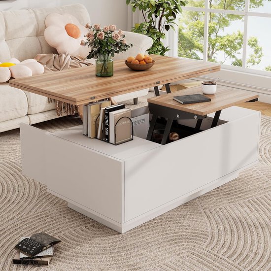 Salontafel met in hoogte verstelbaar blad, 2-in-1 multifunctionele tafel, met 2 laden en kast, wit en hout, om te bouwen tot eettafel, wit 3+ spaanplaat
