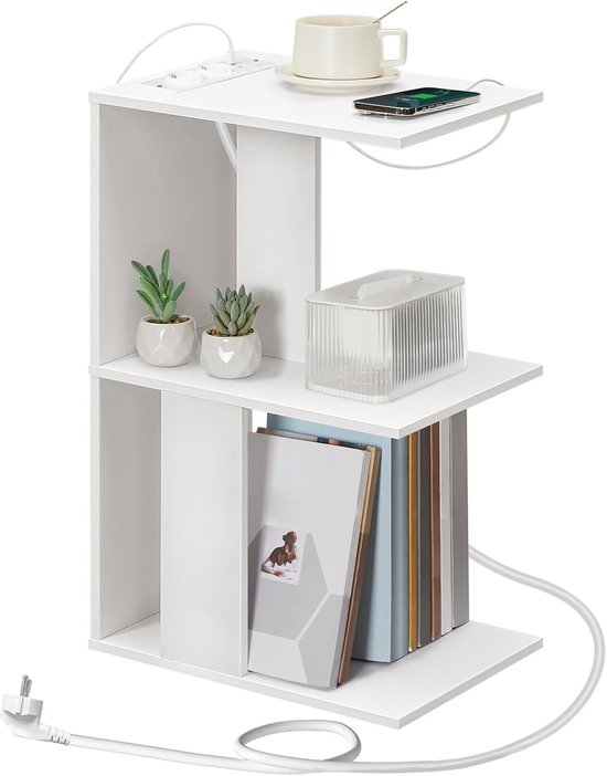 Salontafel met Laadstation, C-Vormige Bijzettafel met Oplaadbaar LED-Sensorlicht, Bankbijzettafel met Planken, voor Slaapkamer, Woonkamer, Ruimtebesparend, Wit AETWT18UE01