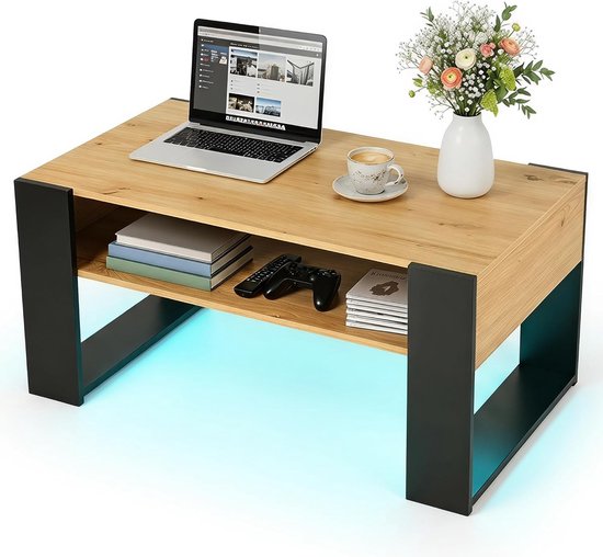 Salontafel met ledverlichting en opbergruimte, woonkamertafel van hout, moderne salontafel met U-vormige poten voor de woonkamer, 92 x 47 x 45 cm, hout en zwart