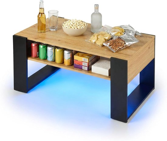 Salontafel met opbergruimte en LED-verlichting, woonkamertafel hout eiken zwart 92x47x45cm, moderne sofatafel rechthoekig met legplank, koffietafel en woonkamertafel voor bank