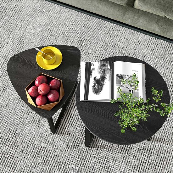 Salontafel rond 2-delige set, houten bijzettafel set, banktafel, koffietafel, metalen onderstel en hartvormig houten tafelblad, industrieel ontwerp, woonkamertafel, modern, zwart