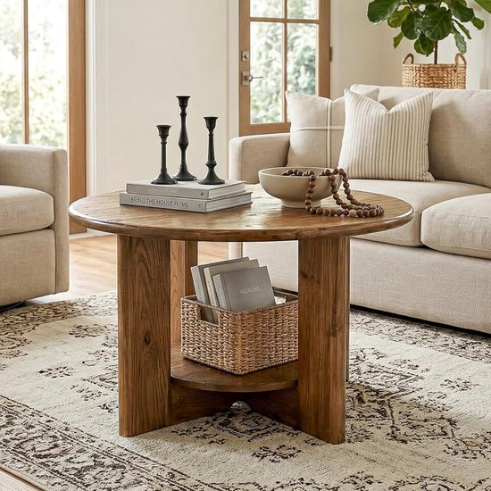 Salontafel, rond, 80 cm, 2-traps woonkamertafel met legplank, koffietafel in houtlook, ronde salontafel, bijzettafel voor woonkamer in landhuisstijl, rustiek bruin