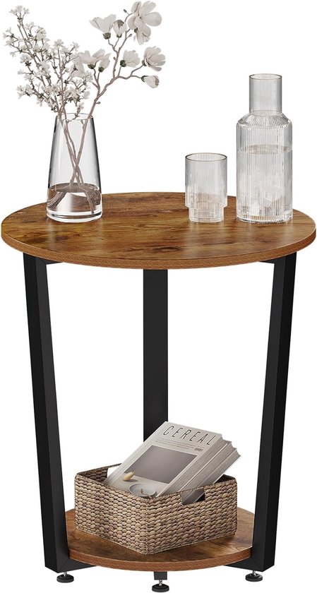 Salontafel, rond, bijzettafel met 2 planken, met metalen frame, voor woonkamer, balkon, slaapkamer, van composiethout en metaal, rustiek bruin, BTS13shm