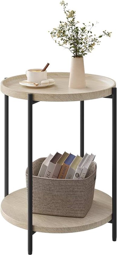 Salontafel rond, bijzettafel met 2 planken, woonkamertafel met afneembaar tafelblad, nachtkastje, banktafel, telefoontafel voor woonkamer, slaapkamer, van MDF, metaal, licht eiken, BTS06hei