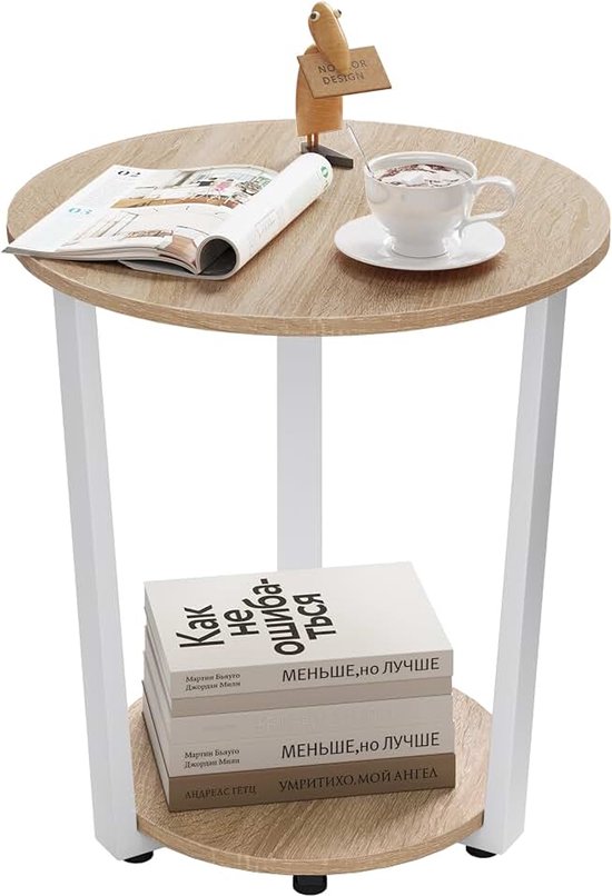 Salontafel rond, bijzettafel modern, woonkamertafel klein, sofatafel met 2 legplanken, woonkamer tafel voor bank, nachtkastje, met opbergruimte, van houtwerkstof, lichte eiken, BTS13hei