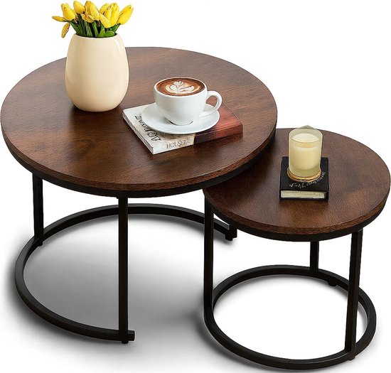 Salontafel Rond Bruin Hout set van 2 – Salontafels Ø60cm & Ø40cm