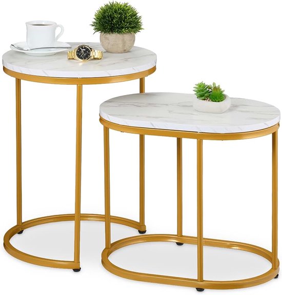 Salontafel, set van 2, bijzettafel rond & ovaal, marmer look, metalen poten, woonkamer, wit-goud