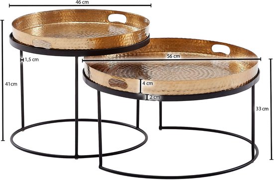 Salontafel Set van 2 Metaal Goud Dienblad, Mimoset Rond | dienbladtafels met hamerslag-look, sofatafel set handgemaakt, afneembaar blad als dienblad te gebruiken