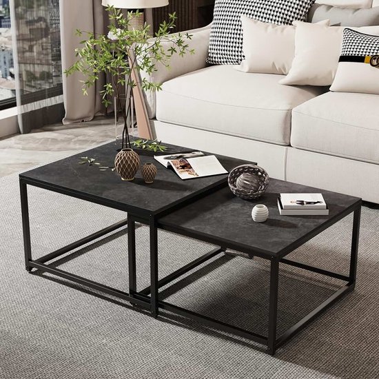 Salontafel Set van 2, Vierkant Donkergrijs Gemengd Zwart Marmeren Tafelblad Gesinterde Stenen Nest Tafels met Zwart Metalen Frame, Groot 65x40cm Klein 60x34cm, Nest van Tafels Woonkamer