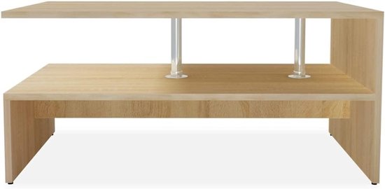 Salontafel van houtmateriaal, 90 x 59 x 42 cm, eiken, bijzettafel met twee planken en groot legvlak, stabiel en duurzaam met pvc-randen en roestvrijstalen palen, eenvoudig