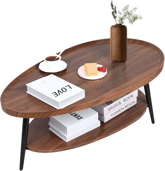 Salontafel van ovaal hout, woonkamertafel voor bank, woonkamertafel met opbergruimte, eenvoudige montage, industrieel ontwerp, 100 x 55 x 38 cm, kleine moderne salontafels voor thuis en op