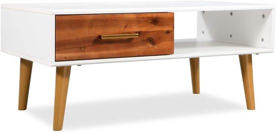 Salontafel, woonkamer, salontafel, bijzettafel, met 1 lade en 1 plank, in retrostijl, massief acaciahout, bruin en wit, mat, 90 x 50 x 40 cm